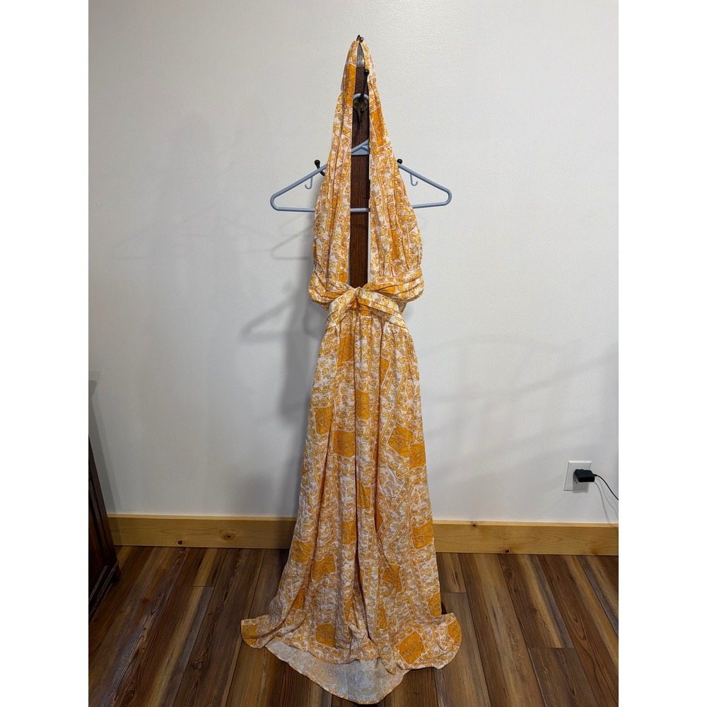 Faeriesty Womens Orange White Paisley Floral Halter Maxi Dress L Hippie Retro